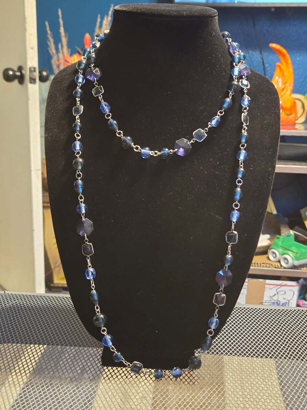 Blue  Glass Bead Long Necklace with Silver Tone Chain